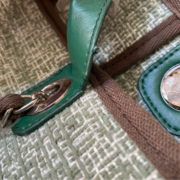 Green Brown Tweed Mixed Fiber Shopper Tote Bag w/ Chain Shoulder Strap C6 - Picture 10 of 16